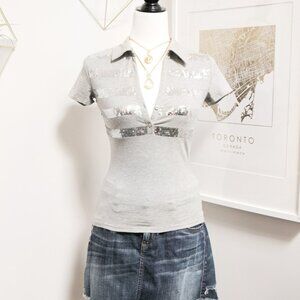 Sequined Heather Grey Collared Tee 🐭 MOTIVI